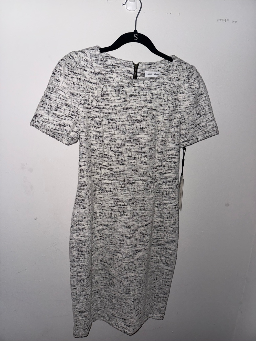 Calvin Klein Black and White Tweed Midi Sheath Dress